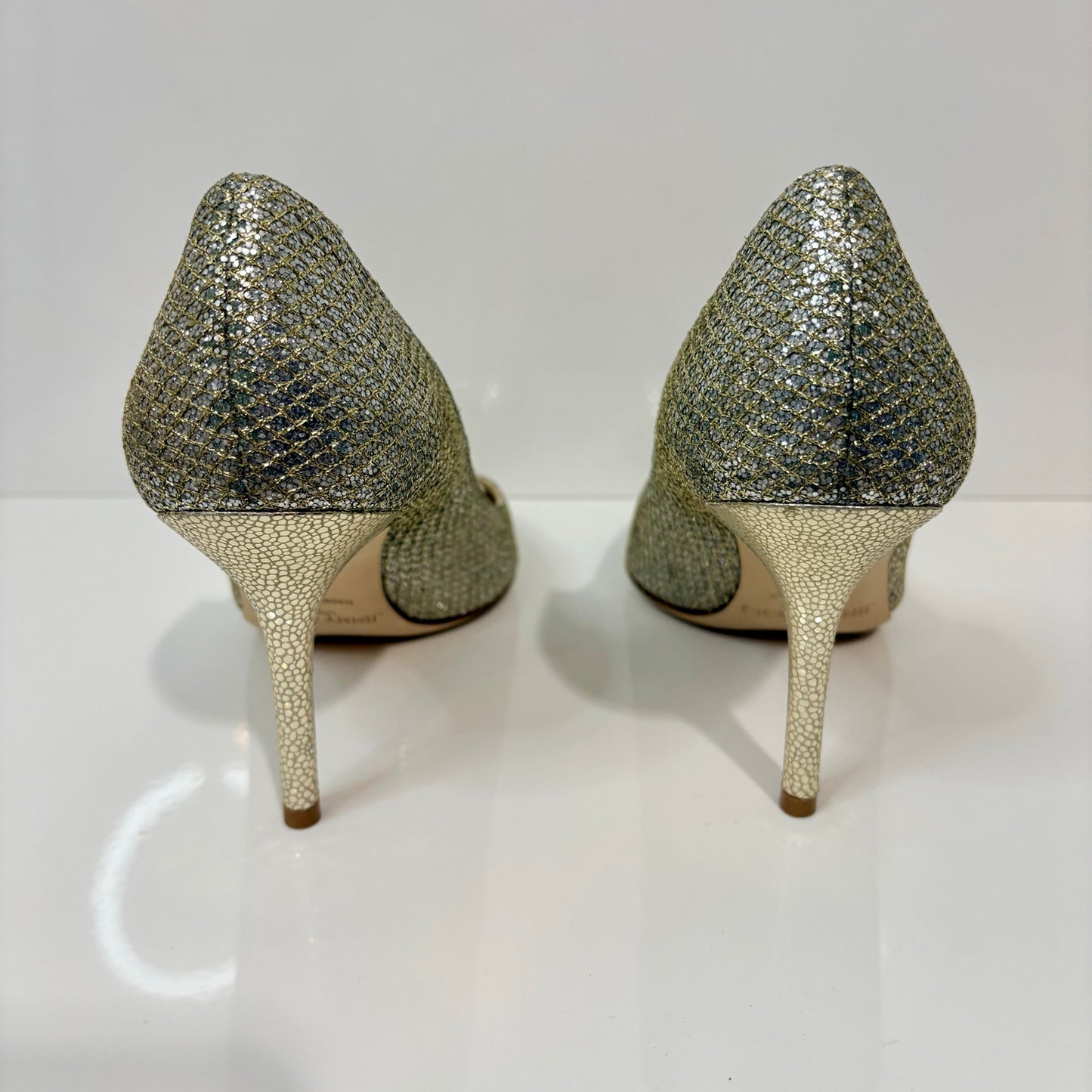 Jimmy Choo Women's Evelyn Peep Toe Pumps Champagne Gold Glitter Heels US 6 EUC