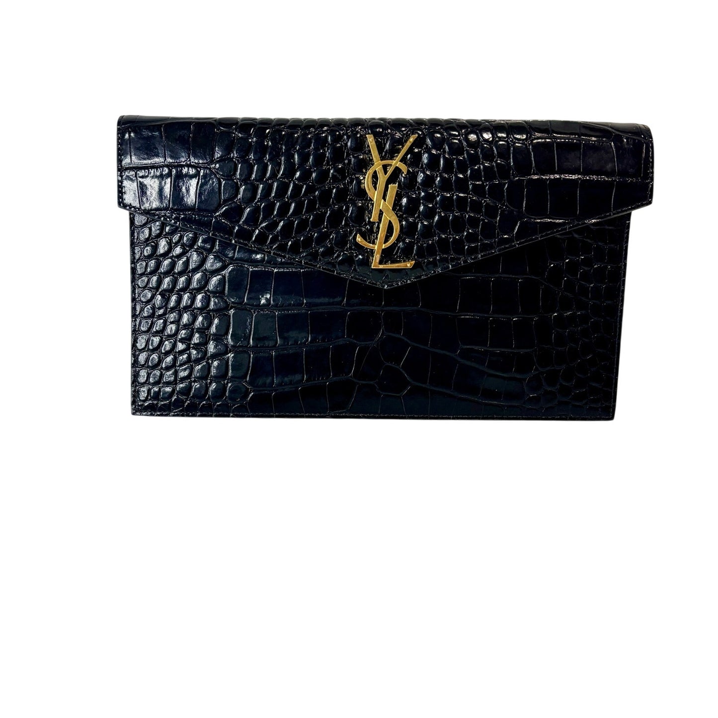 Saint Laurent YSL Uptown Pouch Black Croc Embossed Leather Gold Logo Clutch NWOT