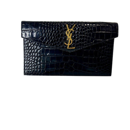 Saint Laurent YSL Uptown Pouch Black Croc Embossed Leather Gold Logo Clutch NWOT