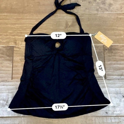 Kona Sol Women's Circle Halter Tie Tankini Swim Top Ruched Black NWT