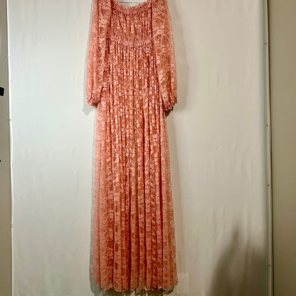 Women’s Maternity Off Shoulder Long Sleeve Maxi Dress Coral Pink EUC Open Belly Boho Photoshoot