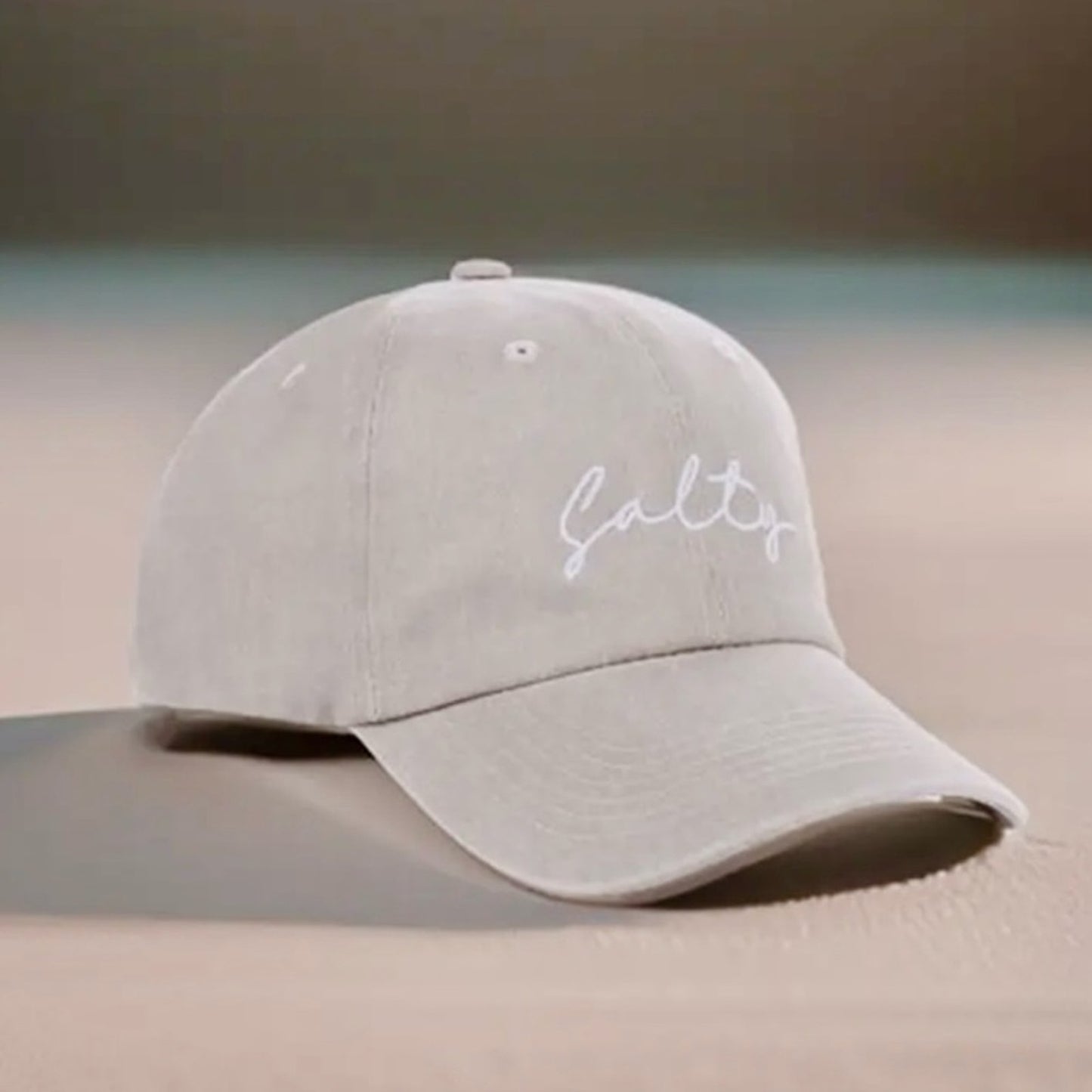 Salty Embroidered Vintage Washed Cotton Baseball Cap Hat Tan White NEW Cute