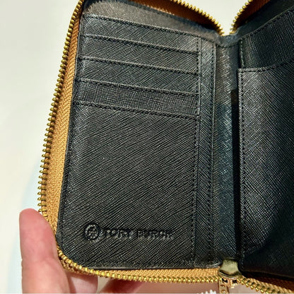 Tory Birch Robinson Zip Around Mini Wallet Saffiano Leather Tan EUC Luxury Logo