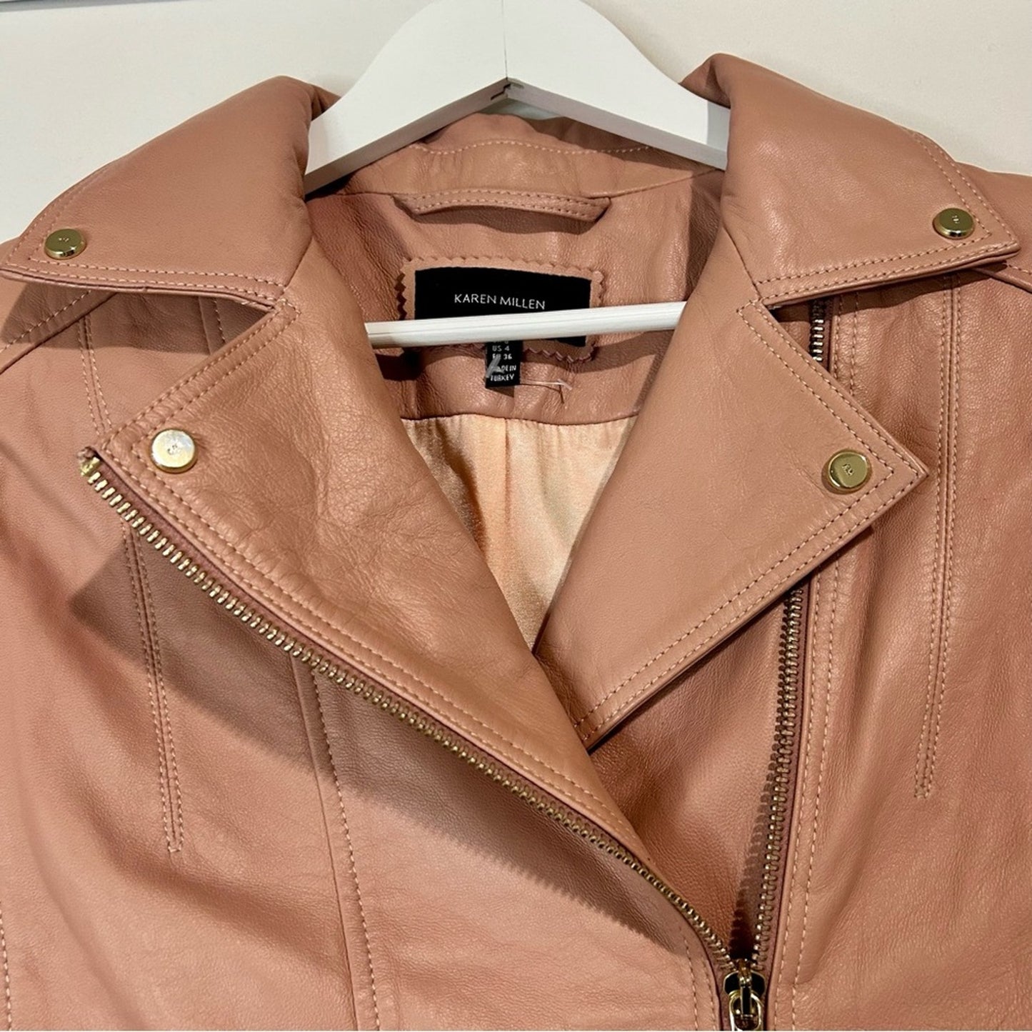 Karen Millen Women's Signature Moto Lamb Leather Jacket Pink Size 4 EUC