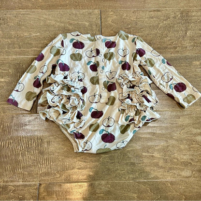 Kate Quinn Infant Girls Long Sleeve Side Ruffle Bubble Apple Romper 6-12 M EUC