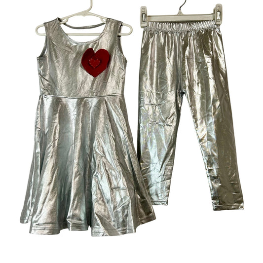 Luckygal Kids Tin Girl Costume Silver Size Small EUC Light-Up Heart Metallic