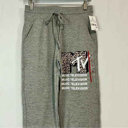 MTV Women’s Casual Drawstring Joggers MTV Leopard Print Logo Grey New with Tags