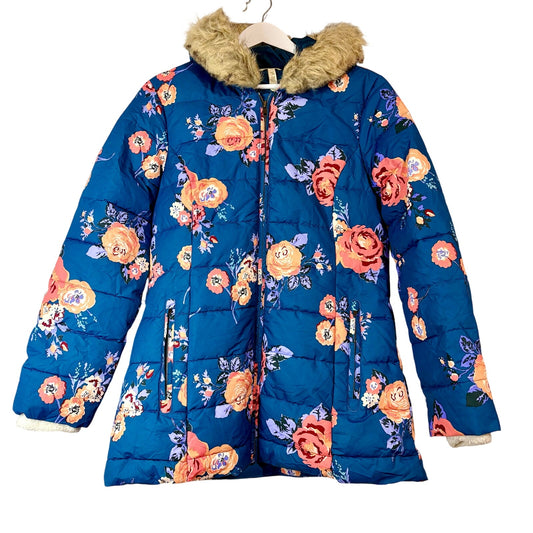 Matilda Jane Women’s Break the Ice Floral Faux Fur Puffer Jacket Teal Medium EUC