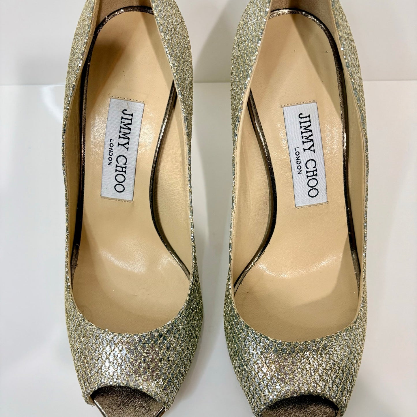 Jimmy Choo Women's Evelyn Peep Toe Pumps Champagne Gold Glitter Heels US 6 EUC
