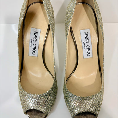 Jimmy Choo Women's Evelyn Peep Toe Pumps Champagne Gold Glitter Heels US 6 EUC