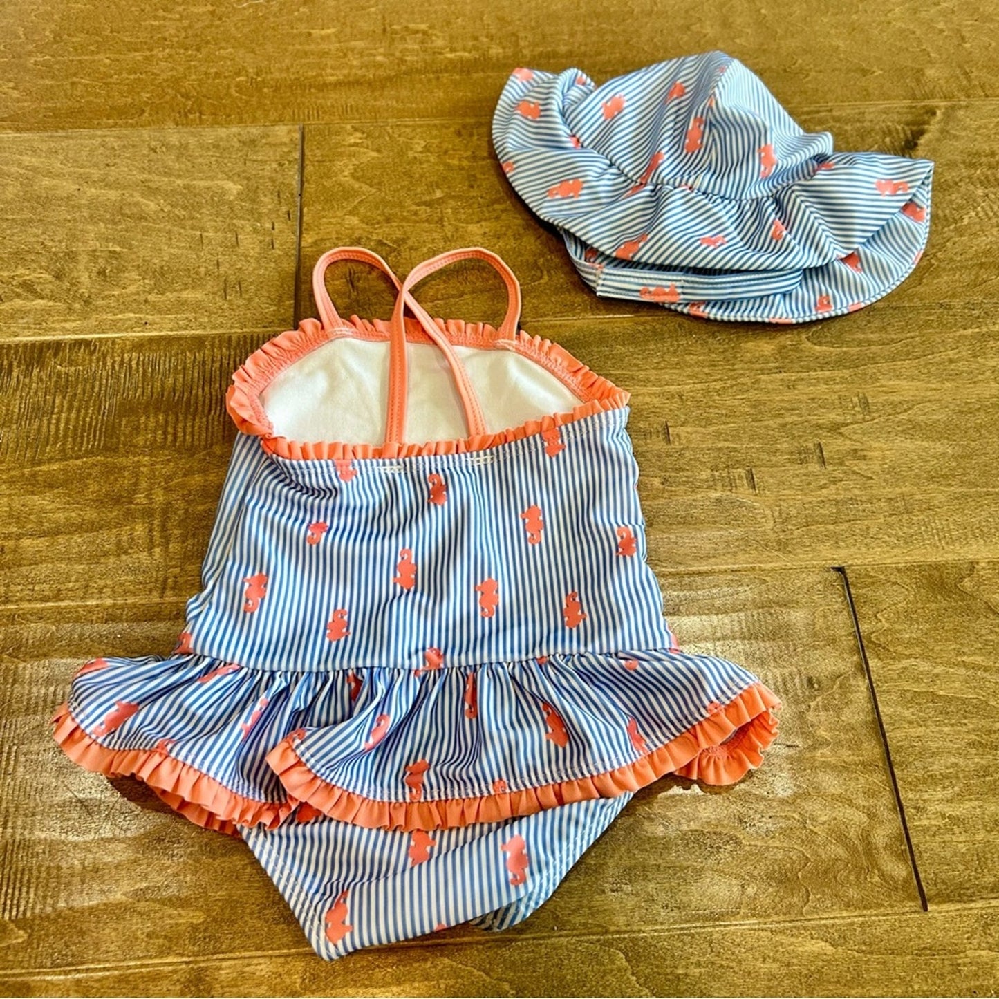 Gymboree Toddler Girls Island Hopper Seahorse Swimsuit & Hat Blue 12-18 M EUC