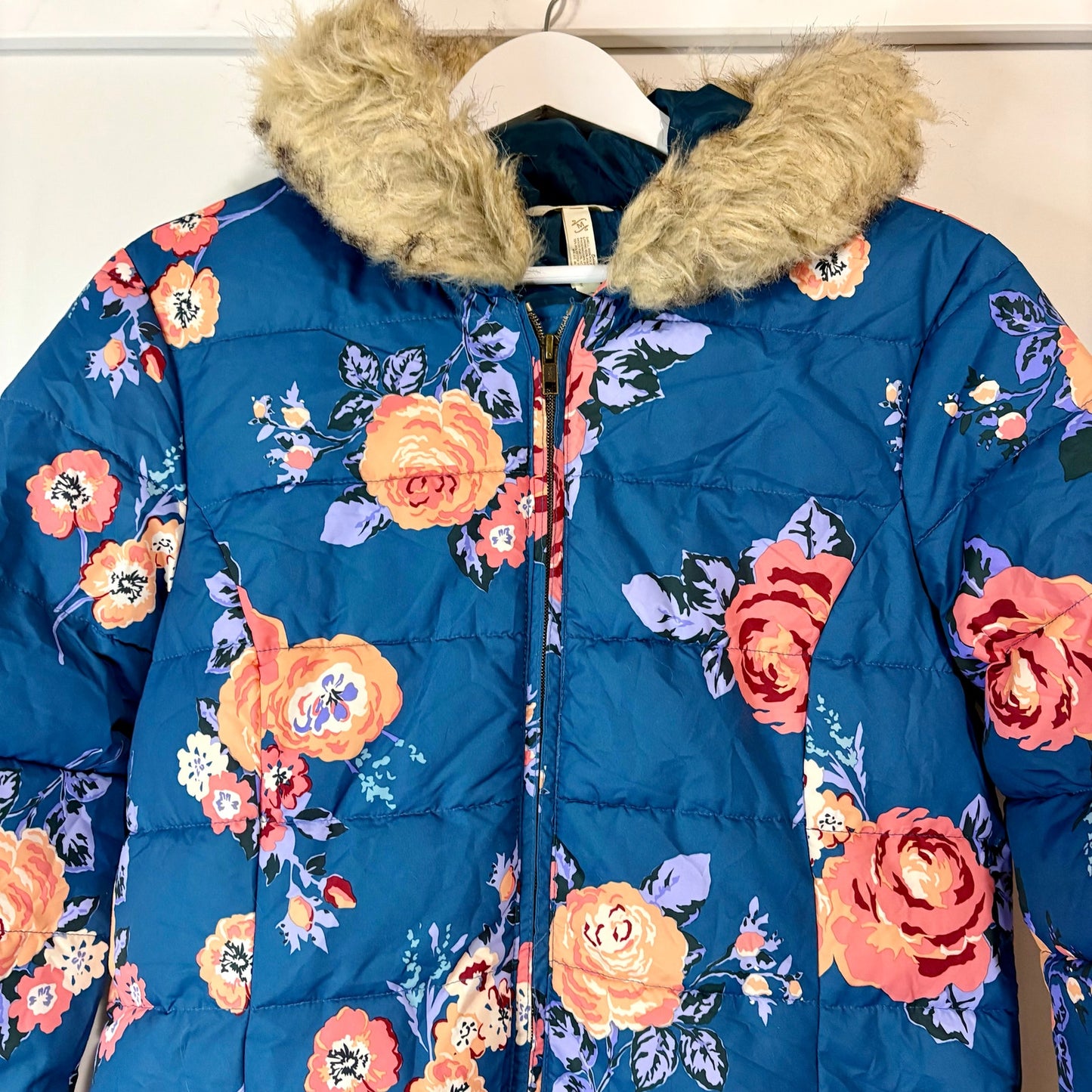 Matilda Jane Women’s Break the Ice Floral Faux Fur Puffer Jacket Teal Medium EUC