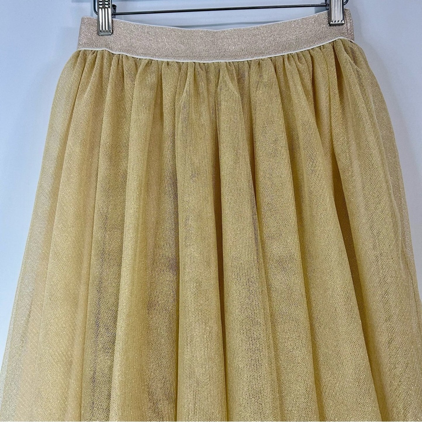 Ele Story Women’s Shimmer Tulle Lined Midi Skirt Gold Size Small EUC Girly Flowy