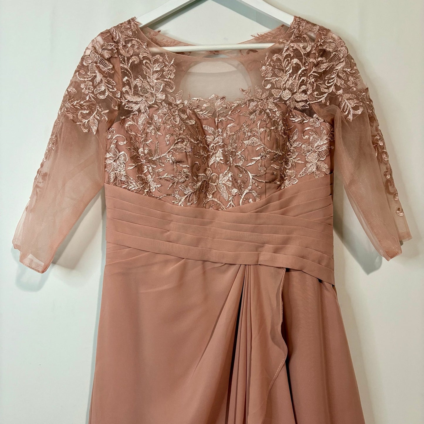 Women’s Lace Bodice Ruffle Chiffon Maxi Formal Gown Dress Dusty Rose Small 4 / 6