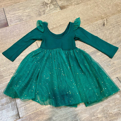 Ele Story Girls Mistletoe Ballerina Dress Green Size 12-18 M EUC Stars Tulle