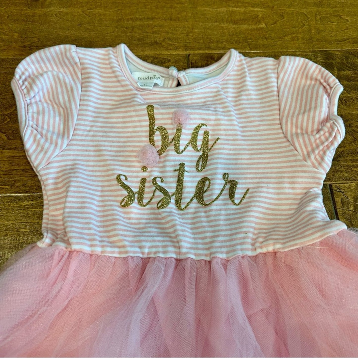 Mud Pie Girls Striped Tulle Tutu Big Sister Dress Pink Gold Size 4T EUC Girly