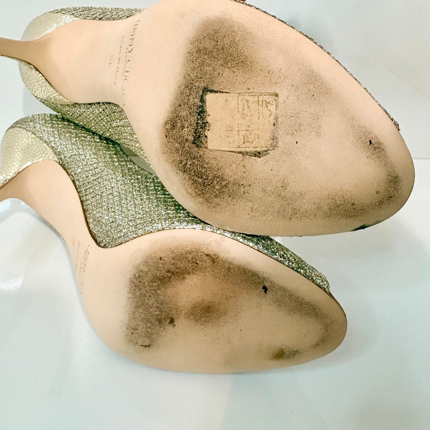 Jimmy Choo Women's Evelyn Peep Toe Pumps Champagne Gold Glitter Heels US 6 EUC