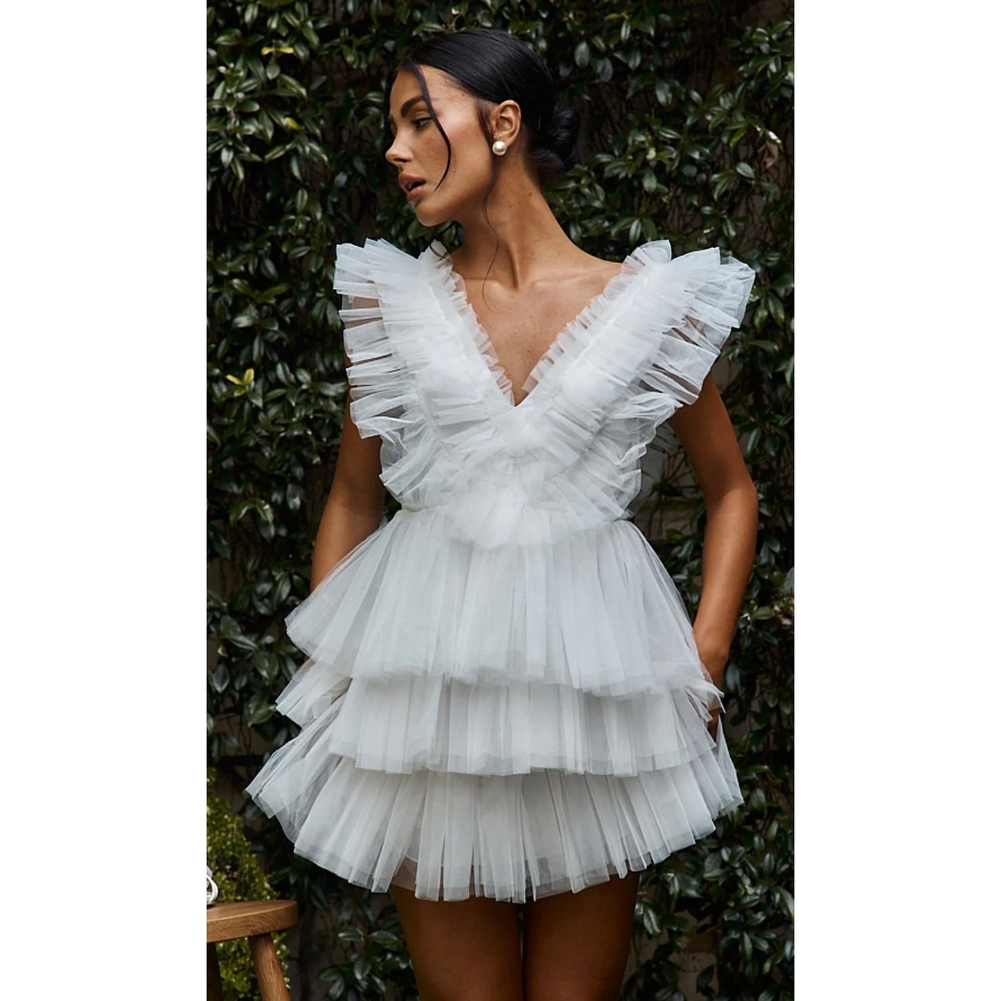 Miss Veil Women’s Layered Tulle Double V Neck Mini Dress White Size XL NWT