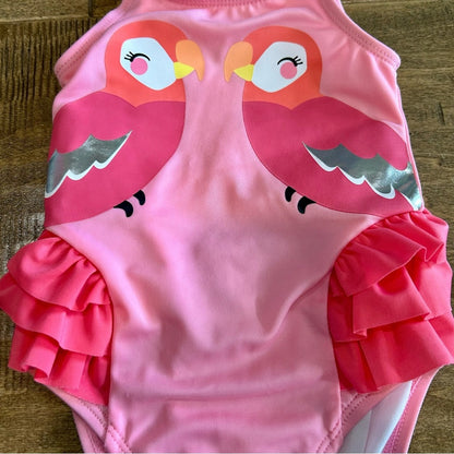 Gymboree Toddler Girls Birds Ruffle One Piece Swimsuit Pink Size 12-18 M EUC