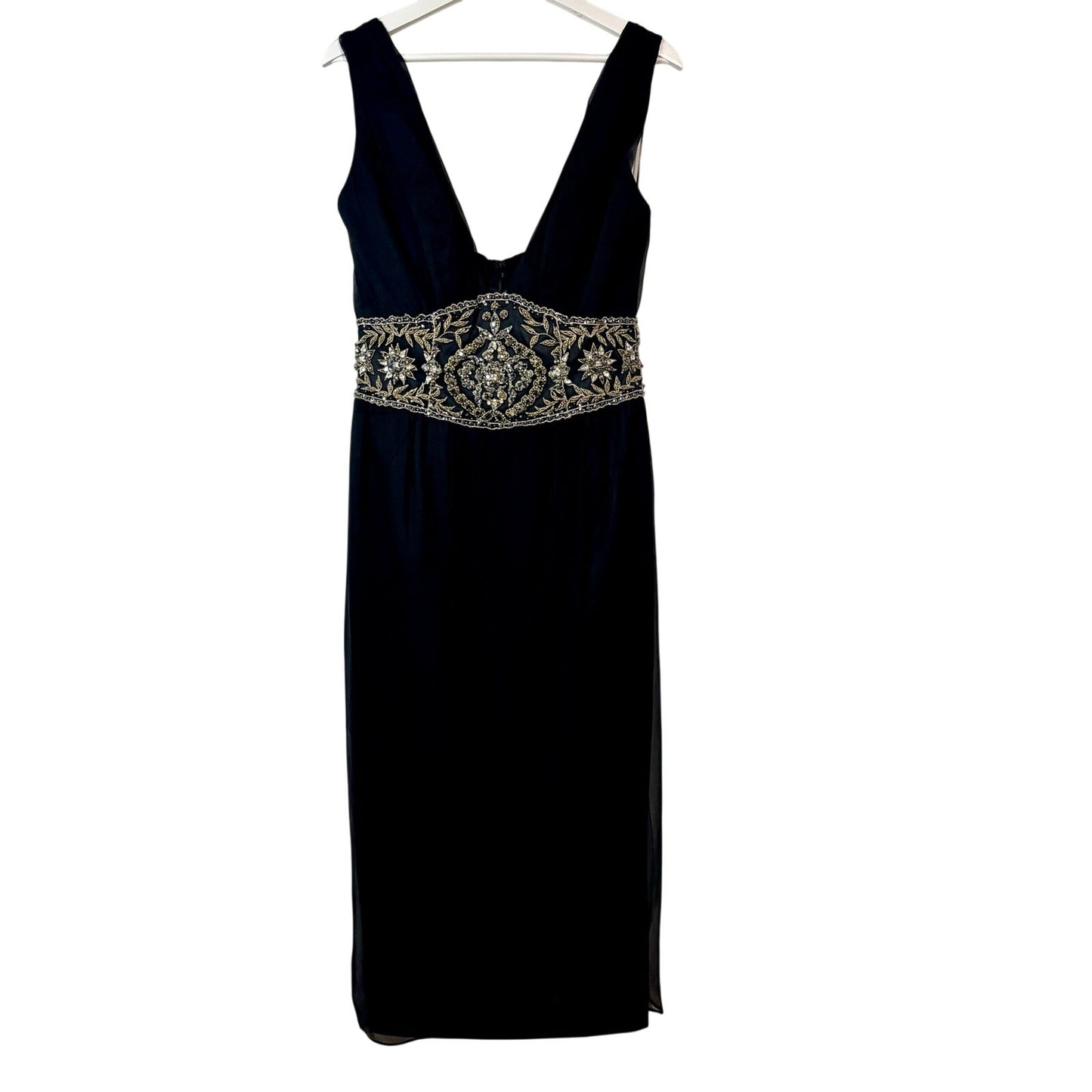 Mandalay Women’s Silk Beaded Waist Midi Evening Gown Dress Black Size 10 NWT