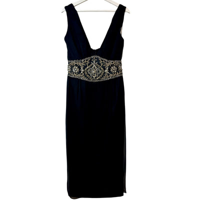 Mandalay Women’s Silk Beaded Waist Midi Evening Gown Dress Black Size 10 NWT