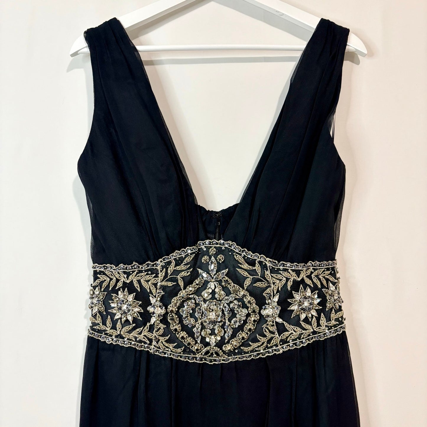 Mandalay Women’s Silk Beaded Waist Midi Evening Gown Dress Black Size 10 NWT