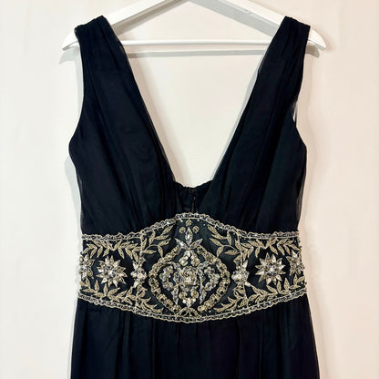 Mandalay Women’s Silk Beaded Waist Midi Evening Gown Dress Black Size 10 NWT