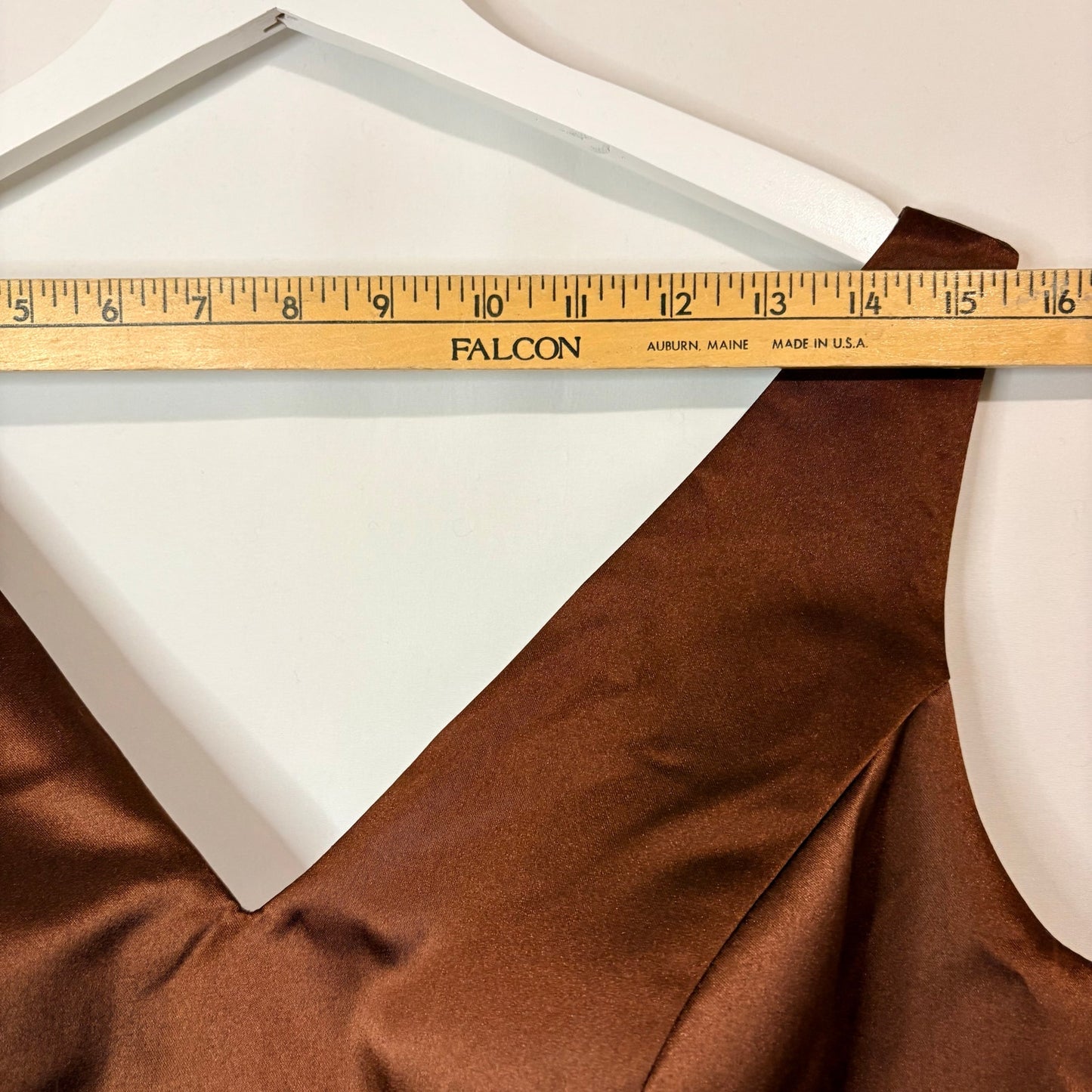 Miss Veil Satin Tea Length Dress Bow Detail Double V Neck Formal Brown Small NWT