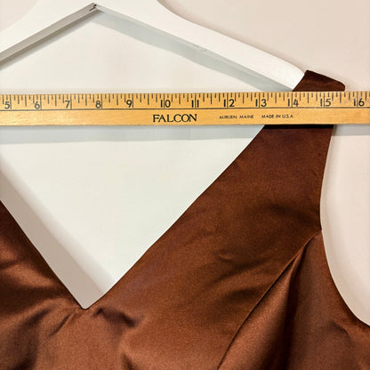 Miss Veil Satin Tea Length Dress Bow Detail Double V Neck Formal Brown Small NWT