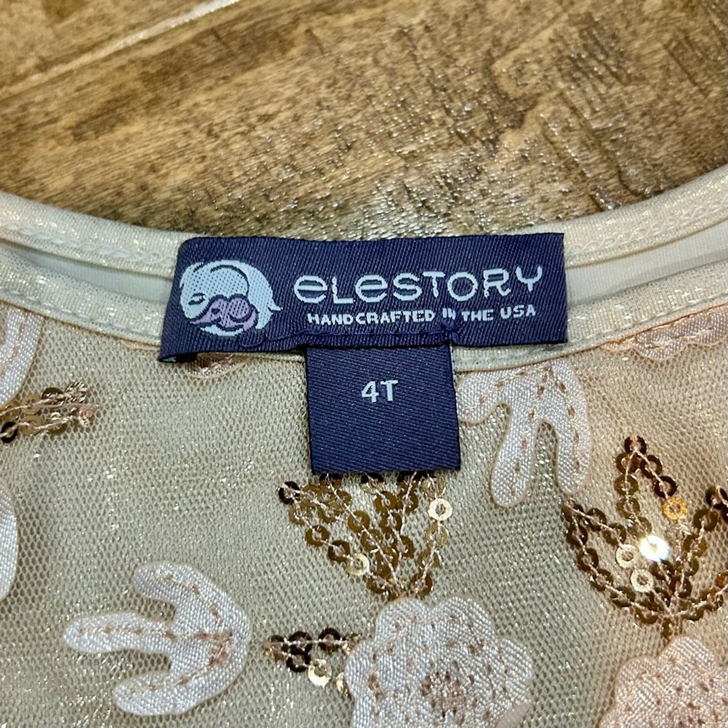 EleStory Girls Sleeveless Floral Sequin Mesh Tulle Dress Tan Gold Size 4T EUC