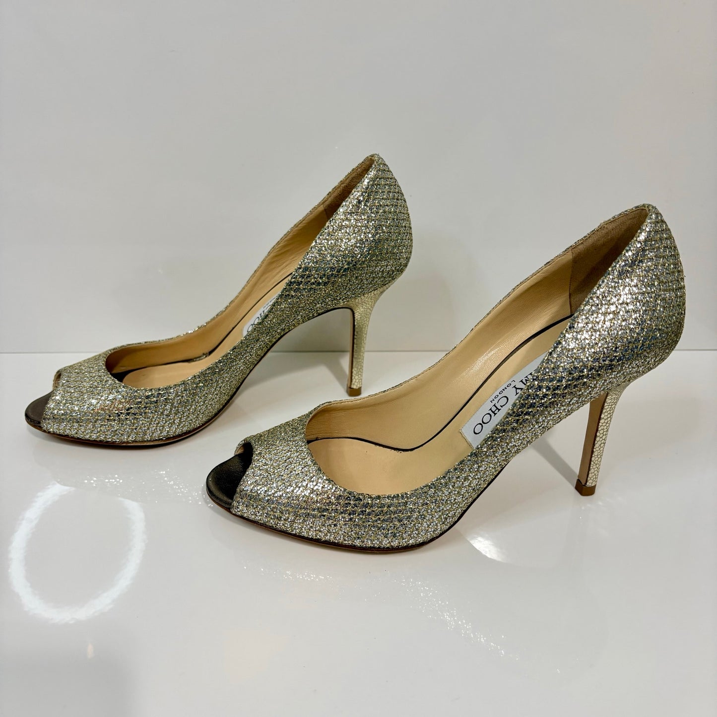 Jimmy Choo Women's Evelyn Peep Toe Pumps Champagne Gold Glitter Heels US 6 EUC