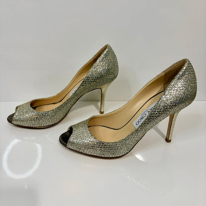 Jimmy Choo Women's Evelyn Peep Toe Pumps Champagne Gold Glitter Heels US 6 EUC