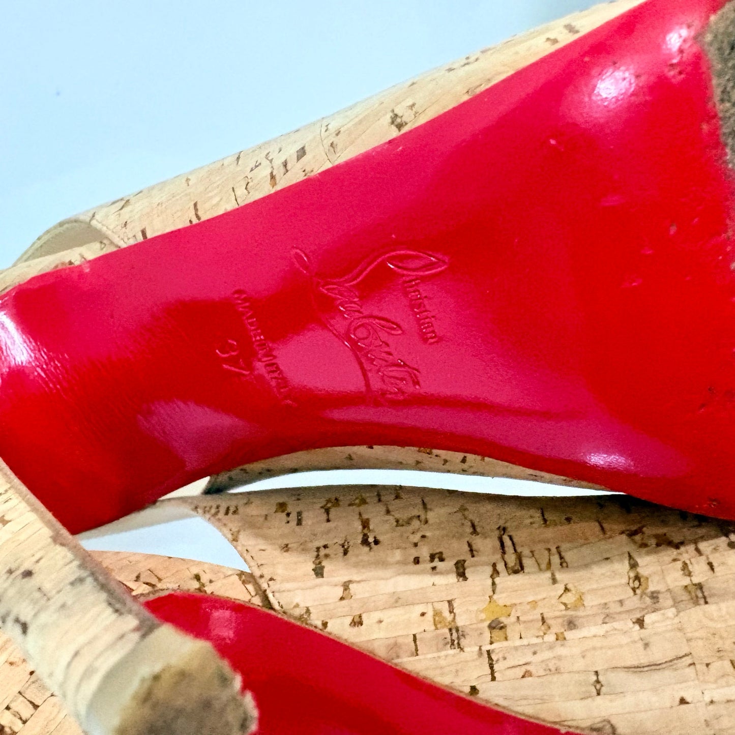 Christian Louboutin Cork Peep Toe Slingback Pumps Red Bottom Heels US 7 EUC Box