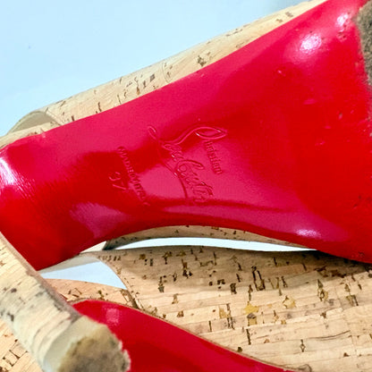 Christian Louboutin Cork Peep Toe Slingback Pumps Red Bottom Heels US 7 EUC Box