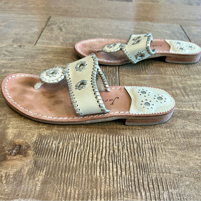 Jack Rogers Women’s Flat Woven Sandals Silver Cream Size 6.5 EUC Preppy Girly