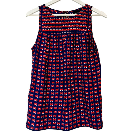 Cynthia Rowley Women’s Sleeveless Bow Print Pleated Blouse Blue Red Small EUC
