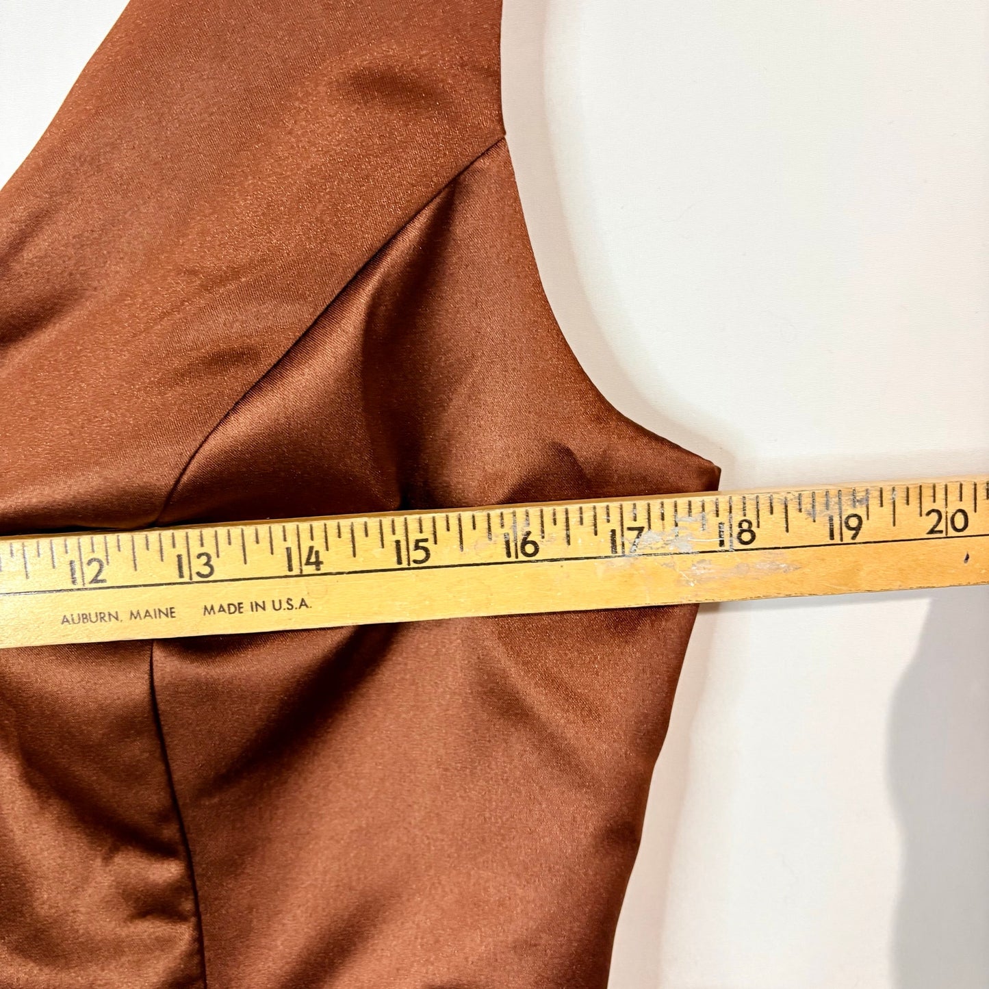 Miss Veil Satin Tea Length Dress Bow Detail Double V Neck Formal Brown Small NWT