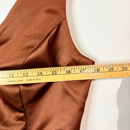 Miss Veil Satin Tea Length Dress Bow Detail Double V Neck Formal Brown Small NWT