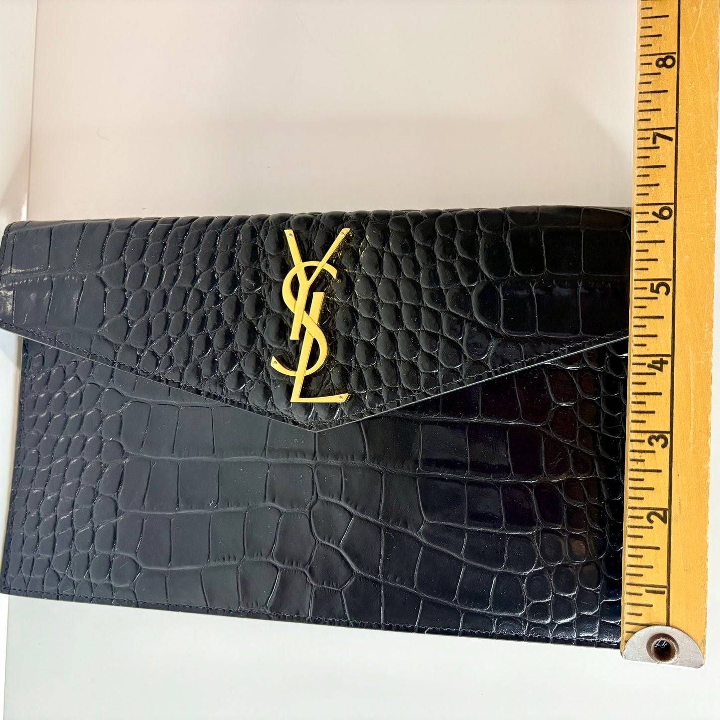 Saint Laurent YSL Uptown Pouch Black Croc Embossed Leather Gold Logo Clutch NWOT