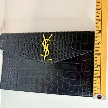 Saint Laurent YSL Uptown Pouch Black Croc Embossed Leather Gold Logo Clutch NWOT
