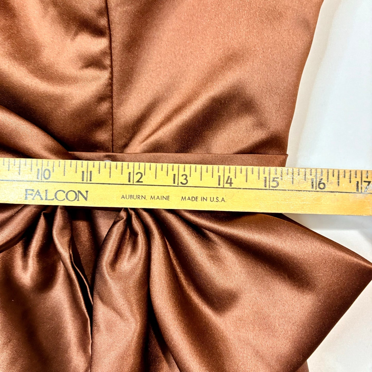 Miss Veil Satin Tea Length Dress Bow Detail Double V Neck Formal Brown Small NWT