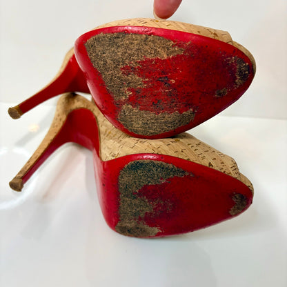 Christian Louboutin Cork Peep Toe Slingback Pumps Red Bottom Heels US 7 EUC Box
