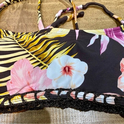 Xhilaration Women’s Crochet Floral Print Bikini Top Brown & Pink Size Small NWT