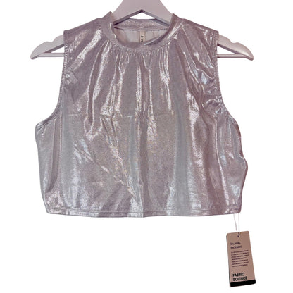 Halara Women’s Shiny Metallic Sleeveless Mockneck Crop Top Silver Size Large NWT