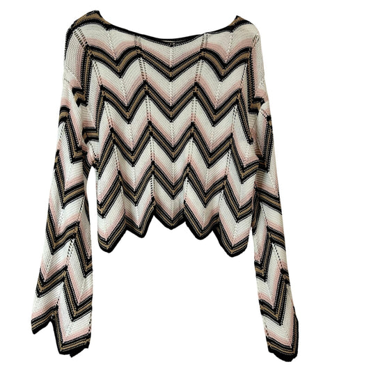 Audrey Parks x Francesca’s Women’s Crochet Knit Cropped Sweater Chevron Pink White Size Small EUC