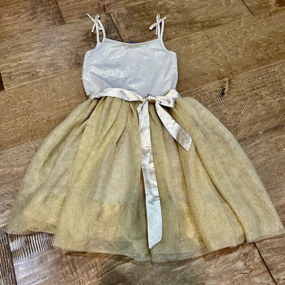 EleStory Girls Sleeveless Floral Sequin Mesh Tulle Dress Tan Gold Size 4T EUC
