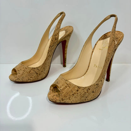 Christian Louboutin Cork Peep Toe Slingback Pumps Red Bottom Heels US 7 EUC Box