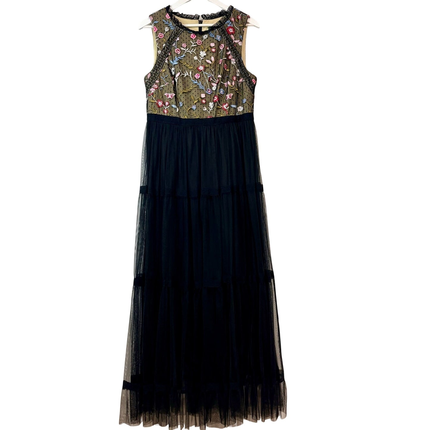 Adrianna Papell Women’s Floral Embroidered Tulle Maxi Dress Black Size 14 Formal