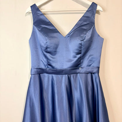 Miss Veil Satin Tea Length Dress Double V Neck Bow Detail Pockets NWT Blue Small