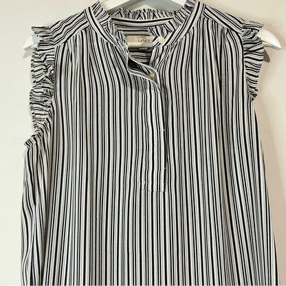 Loft Women’s Sleeveless Ruffle Striped Blouse Black White Size Medium EUC Girly